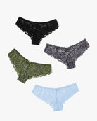 Floral lace hipster panties set in black, gray, olive, and light blue