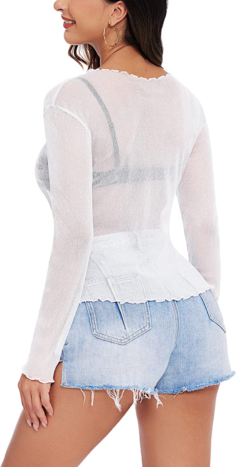 Long-sleeve sheer mesh top in white, back view with scalloped neckline and hem