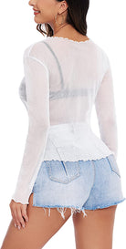 Long-sleeve sheer mesh top in white, back view with scalloped neckline and hem