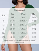 Size chart for long sleeve double-lined bodysuit: bust, waist, hip in inches (S-XXL)