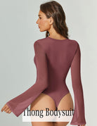 Back of long-sleeve bodysuit in dark plum with thong-style rear