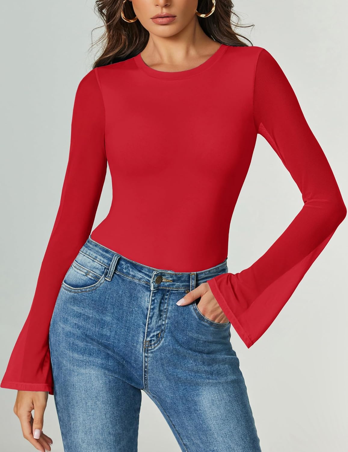 Long-sleeve mesh thong bodysuit with flared cuffs, red