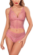 Pink lace bra and panty set featuring lace-trim plunge bralette and matching briefs