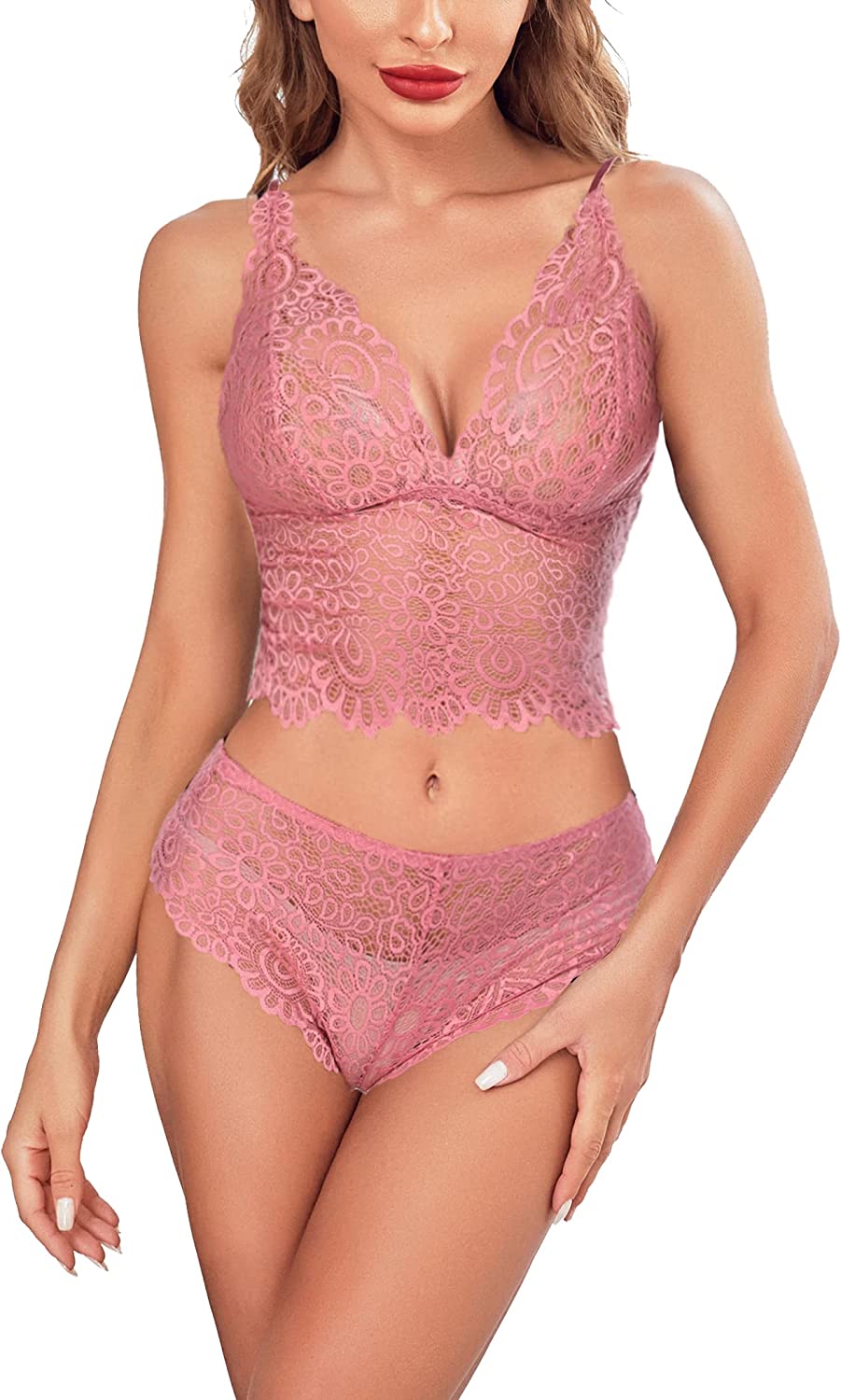 Pink lace bra and panty set featuring lace-trim plunge bralette and matching briefs