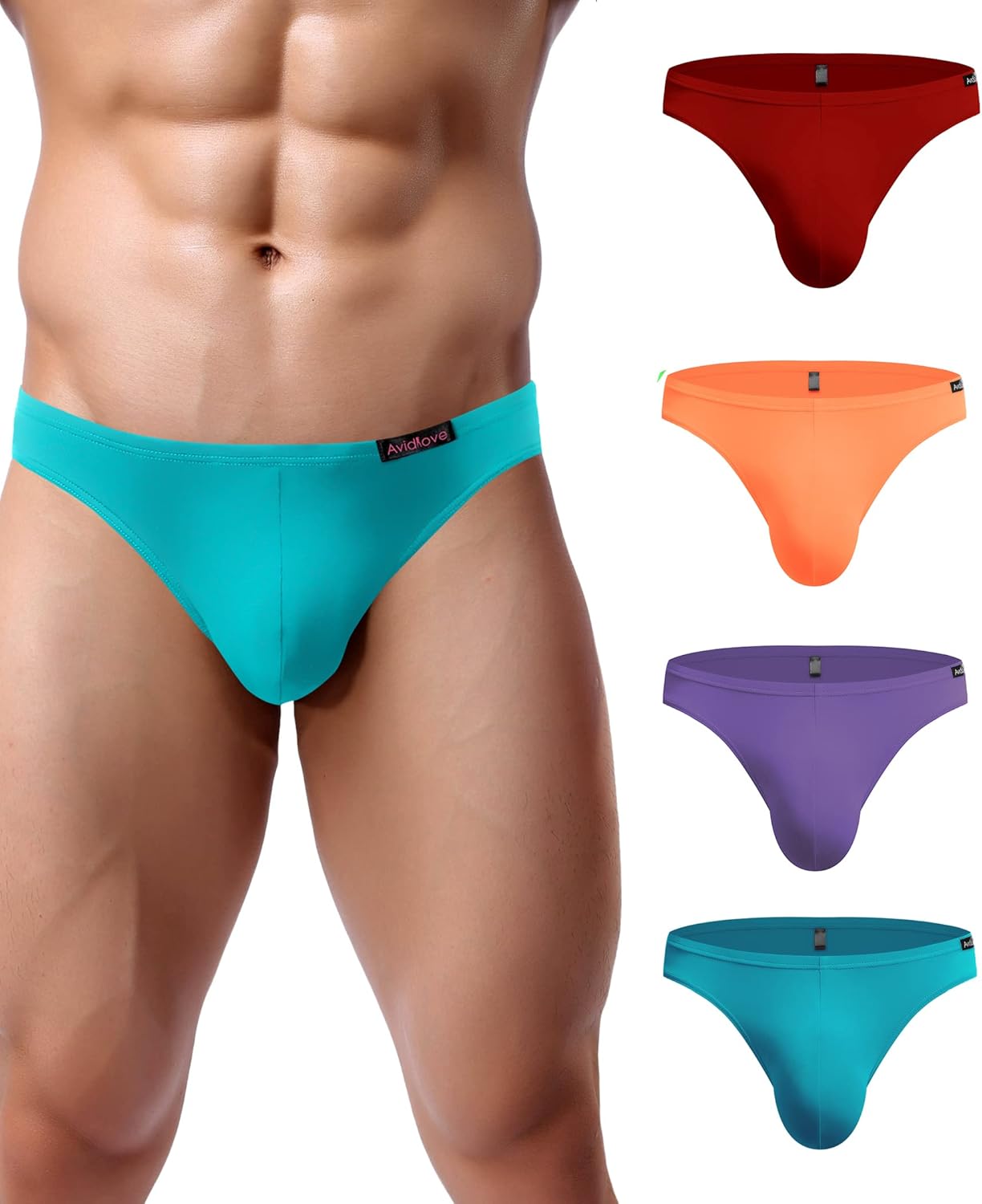 Men's low-rise hip briefs, teal, red, orange, purple