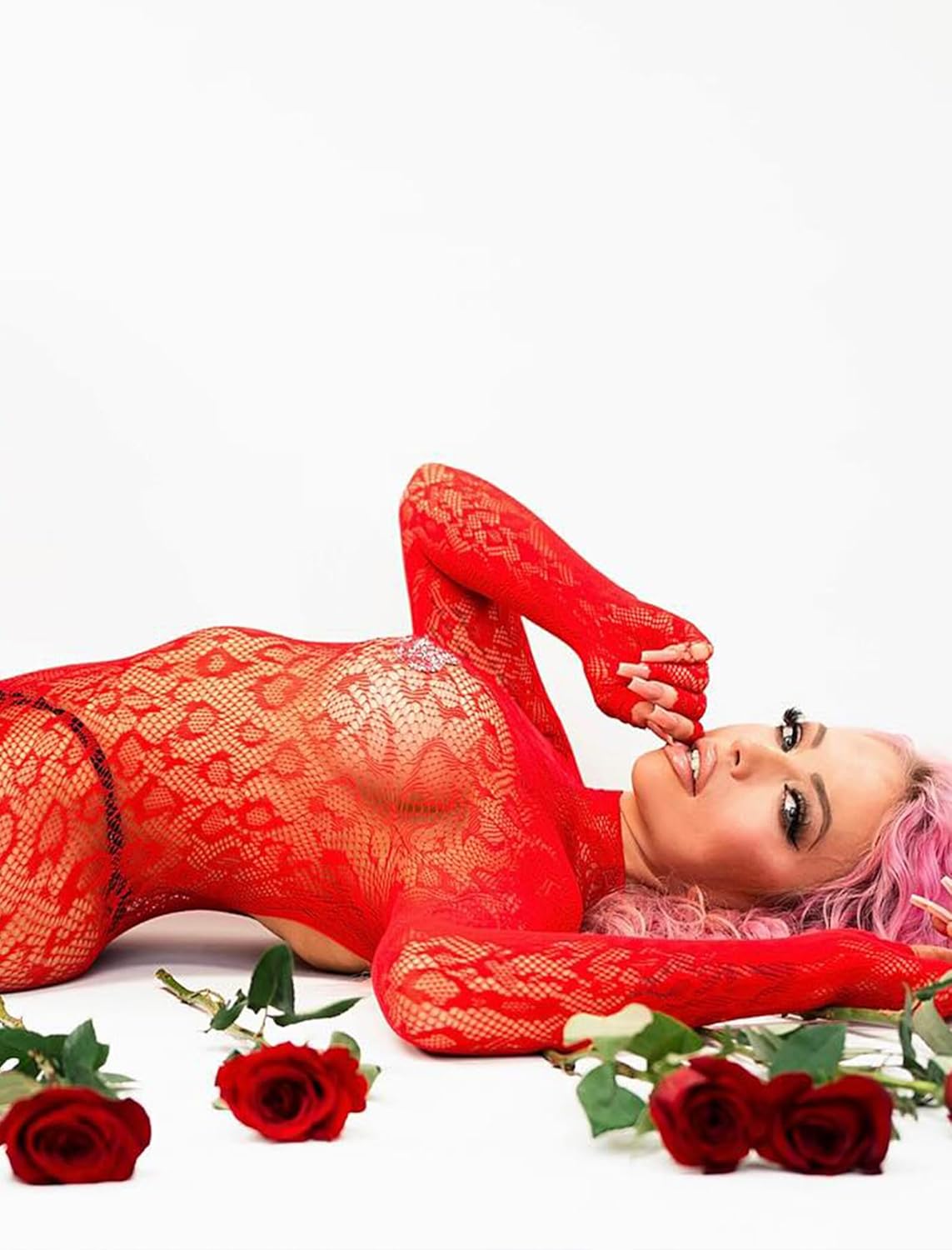 Red fishnet bodysuit with long sleeves and high-cut legs, lace mesh pattern