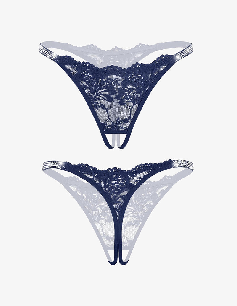 Floral lace thong panties with rhinestone straps, navy