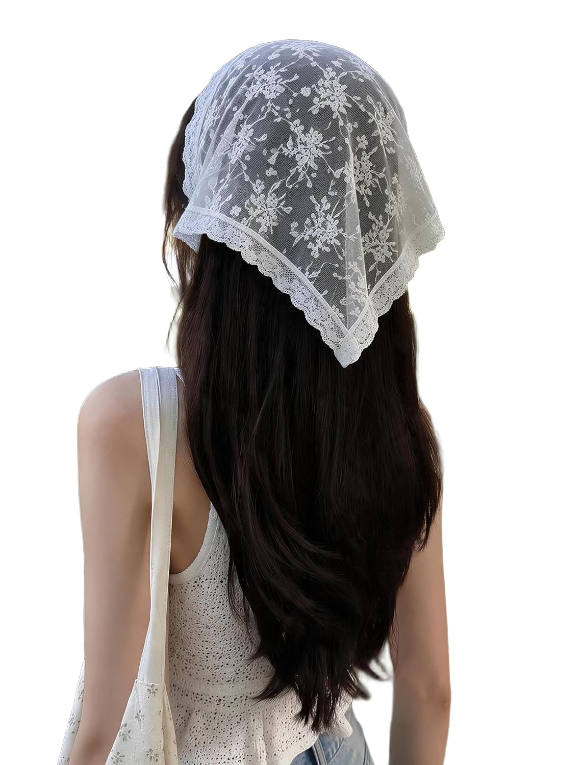 White lace triangle head scarf with floral pattern and scalloped edge, covering hair
