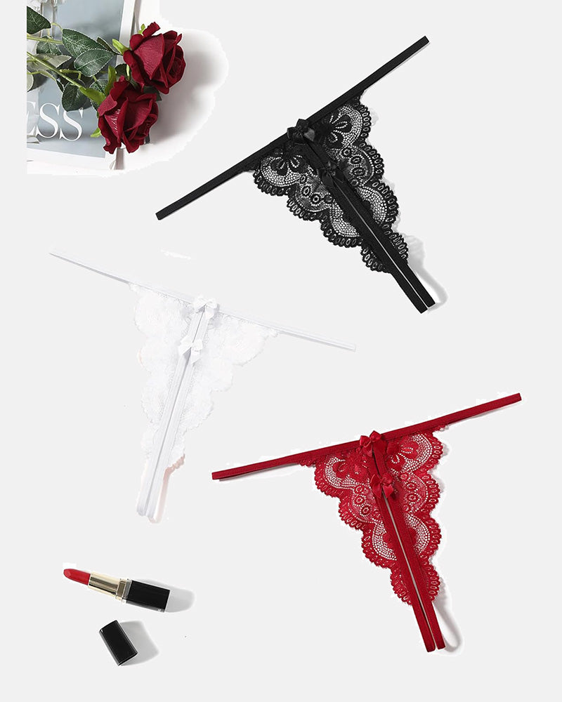 Lace low-rise thong panties set: black, white, and red with front bows and trim