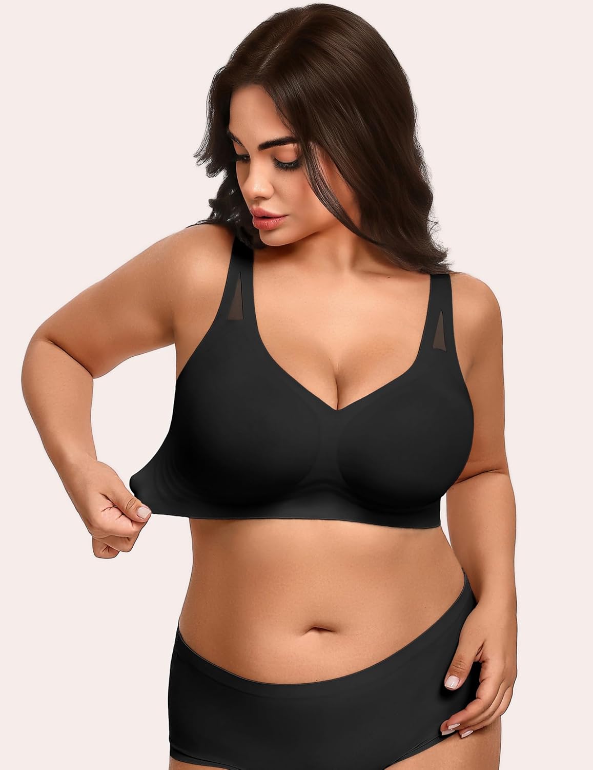 Black wireless full coverage bra with V-neck and smooth, seamless cups