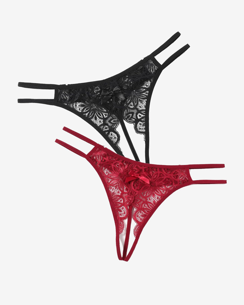 Floral lace thong briefs set with cute bow, in black and red
