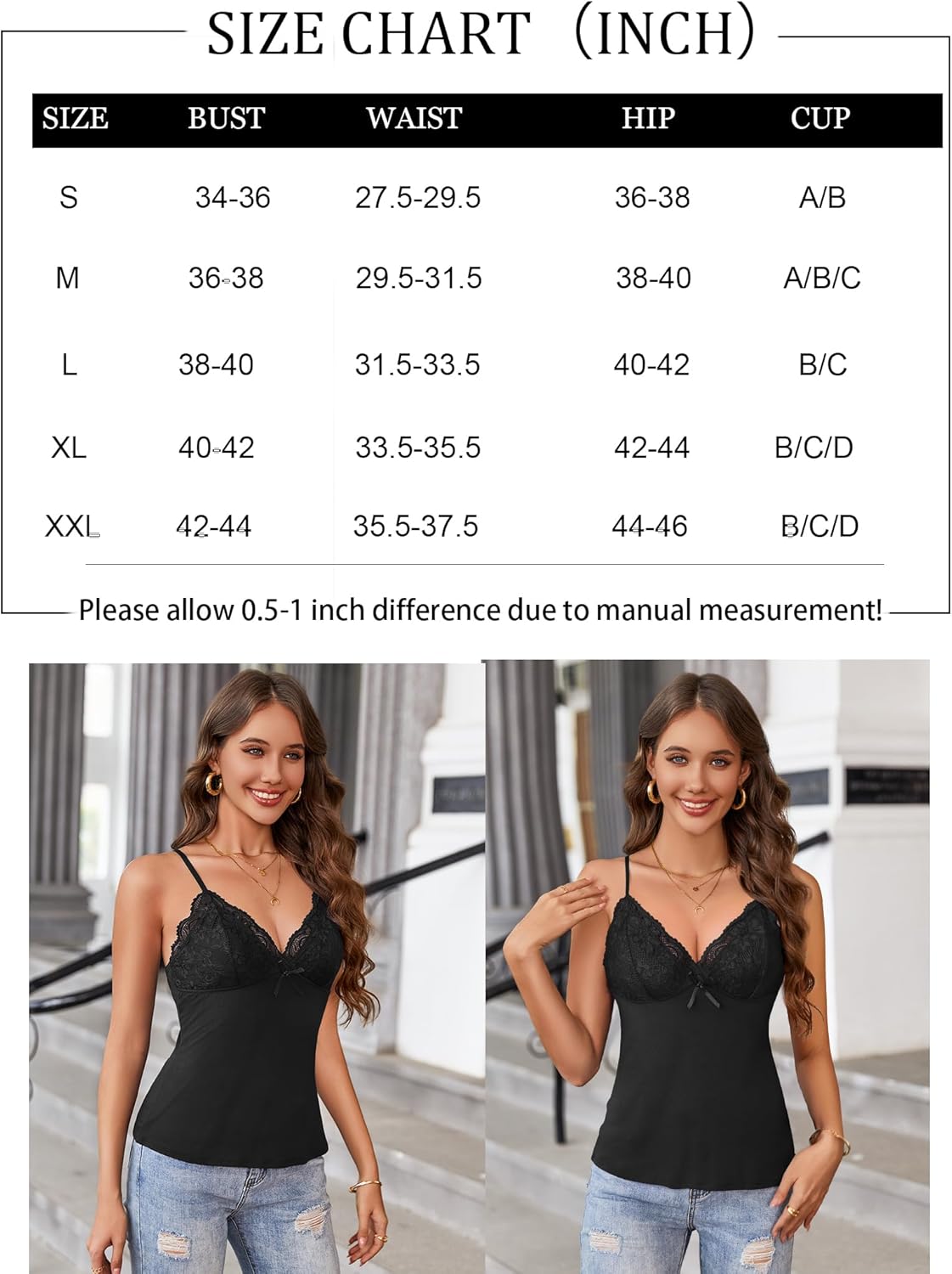 Tank top size chart (inches) showing bust, waist, hip, and cup