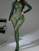 Green fishnet bodysuit with long sleeves and formfitting leg panels