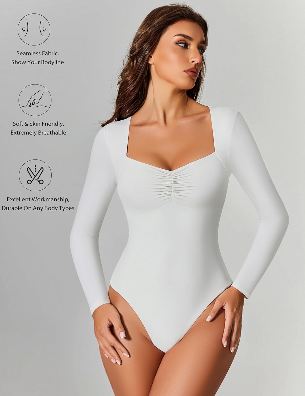 White sweetheart neckline bodysuit top with long sleeves, front view