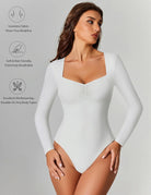 White sweetheart neckline bodysuit top with long sleeves, front view