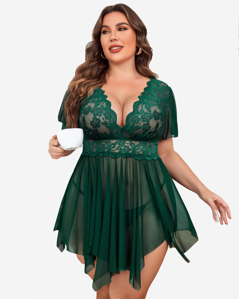 Green lace babydoll lingerie, lace bodice with asymmetric pleated skirt