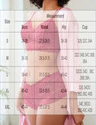 Lace bra and panty set size chart overlay with bust, waist, and hip measurements