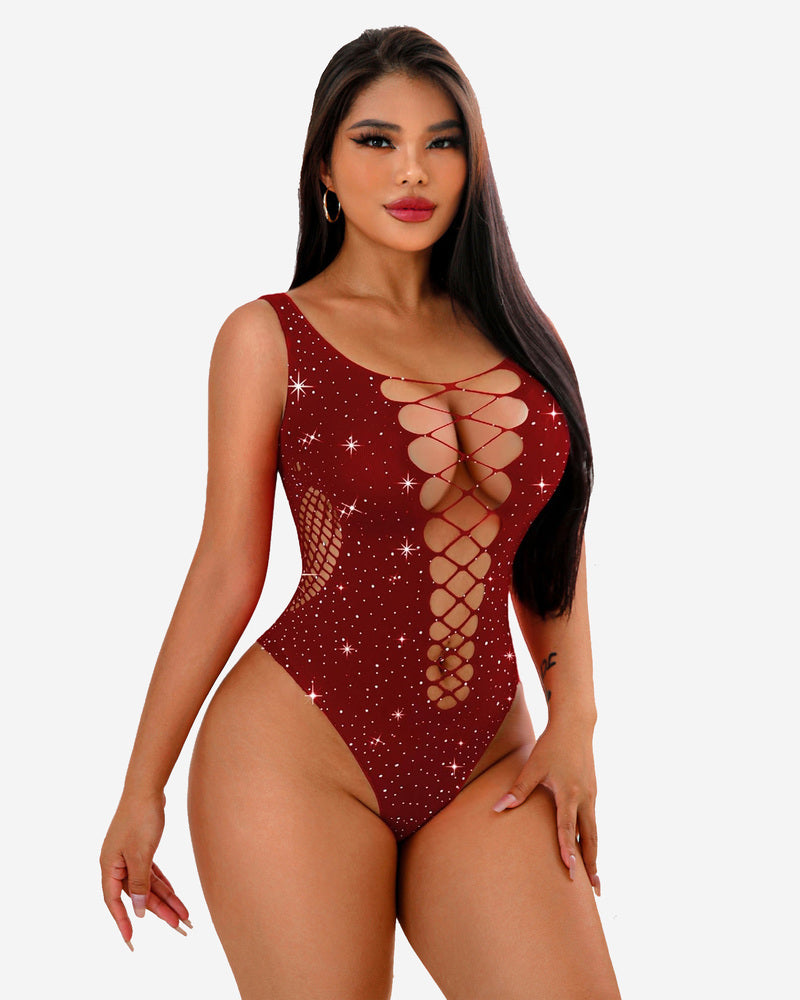 Wine red mesh fishnet rhinestone bodysuit with lace-up front panel and high-cut legs.