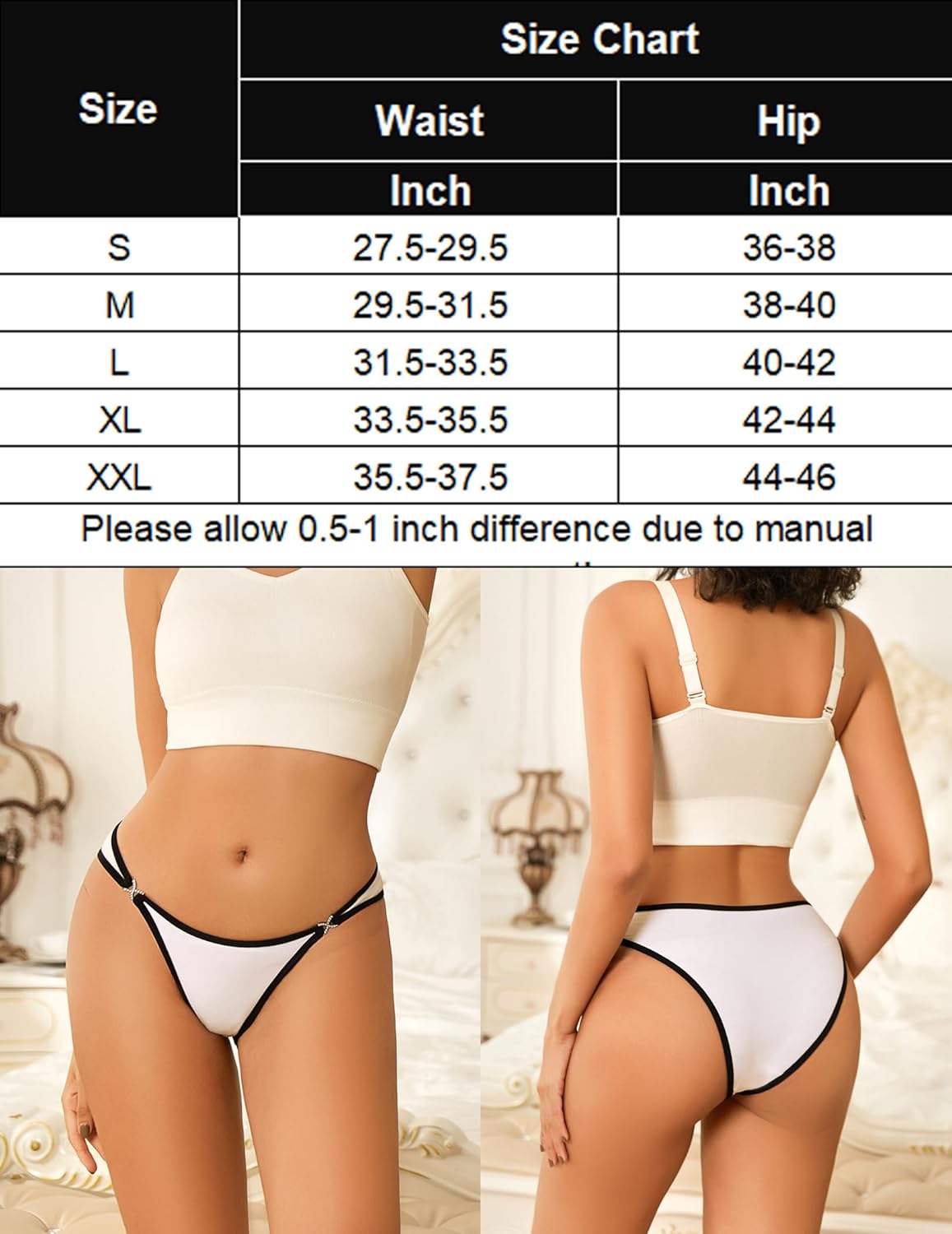 Low-rise cotton hipster panties on model, white with black trim and bow detail