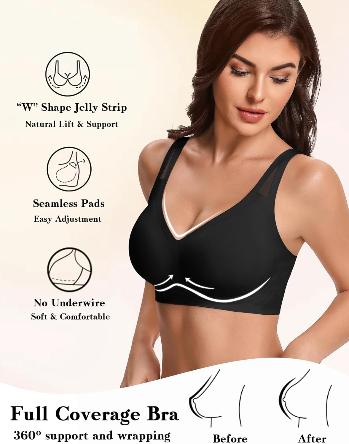 Wireless full-coverage bra in black, V-neck, wide straps and smooth cups
