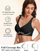 Wireless full-coverage bra in black, V-neck, wide straps and smooth cups
