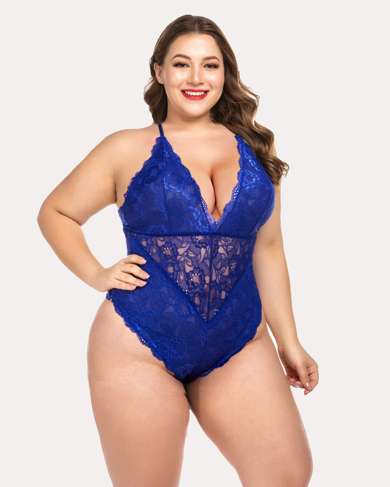 Lace bodysuit teddy with deep V front, blue lace cups and scalloped trim