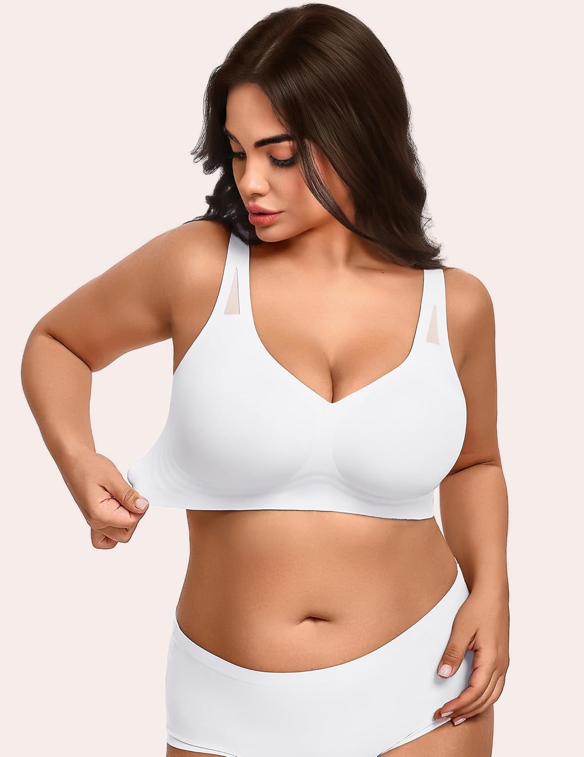 Wireless full-coverage bra in white, angled side view with smooth cups