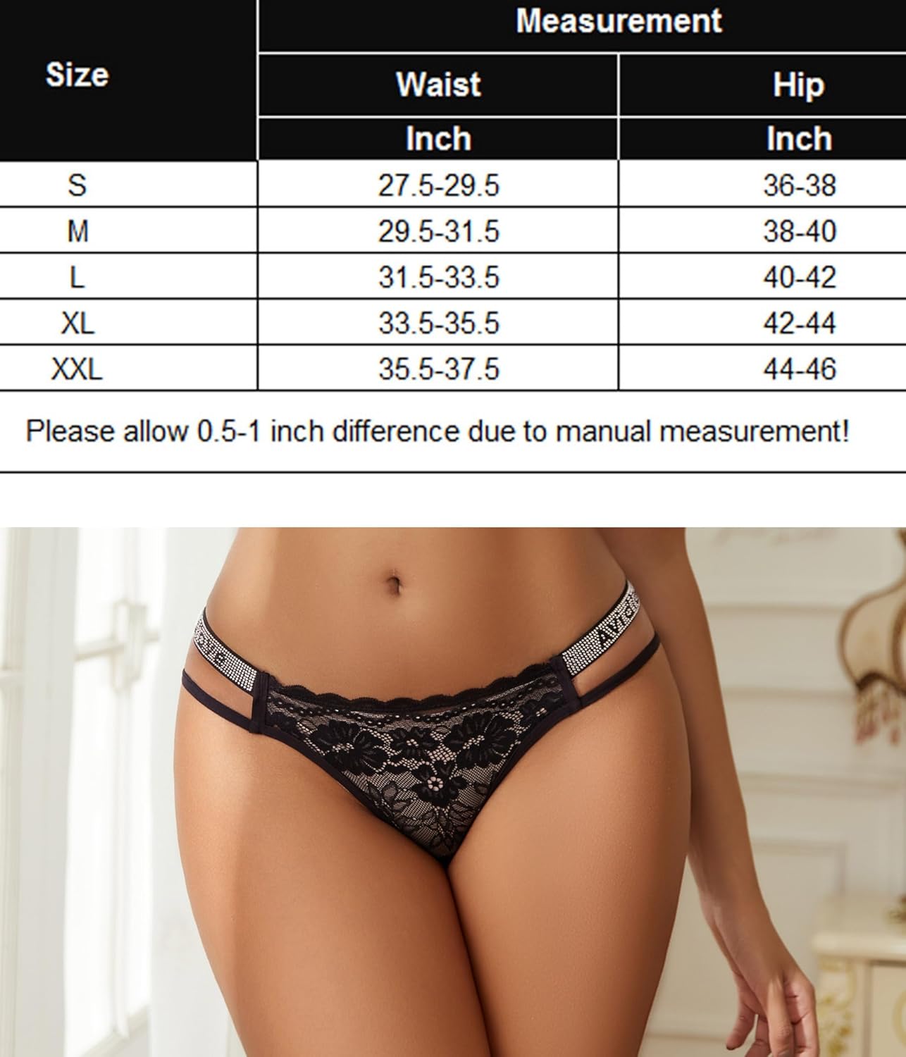 Cotton hipster panties in black floral lace with scalloped edges and striped waistband trim