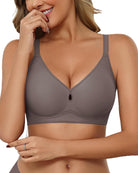 No-underwire seamless bralette in gray with velvet-trim V neckline and cutout