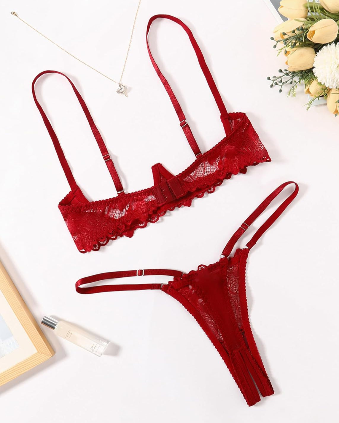 Red lace underwire bra and thong panty set, lace cups and sides