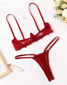 Red lace underwire bra and thong panty set, lace cups and sides