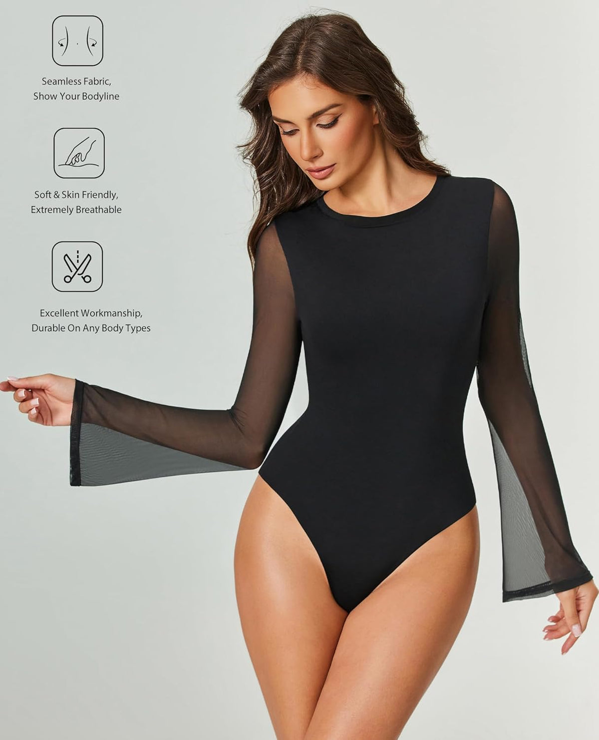 Black long sleeve mesh bodysuit with high-cut leg and fitted thong-style front.