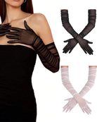 Long sheer mesh gloves, black and white, with striped bands and finger coverage.