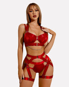 Red push-up bra garter set with chain, balconette bra and strappy garters