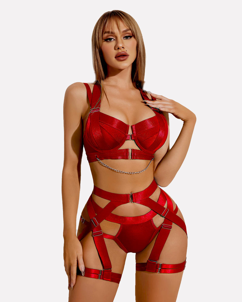 Red lingerie garter set with chain trim, underwire bra and strappy garter bottoms