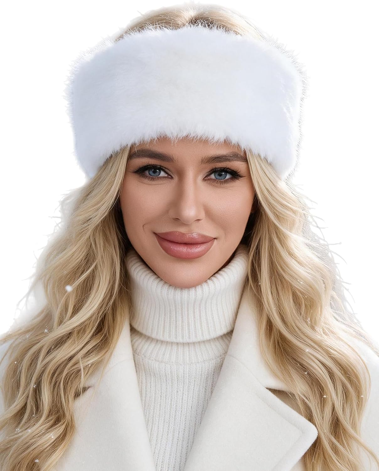 Faux fur headband with elastic, white winter ear warmer for women