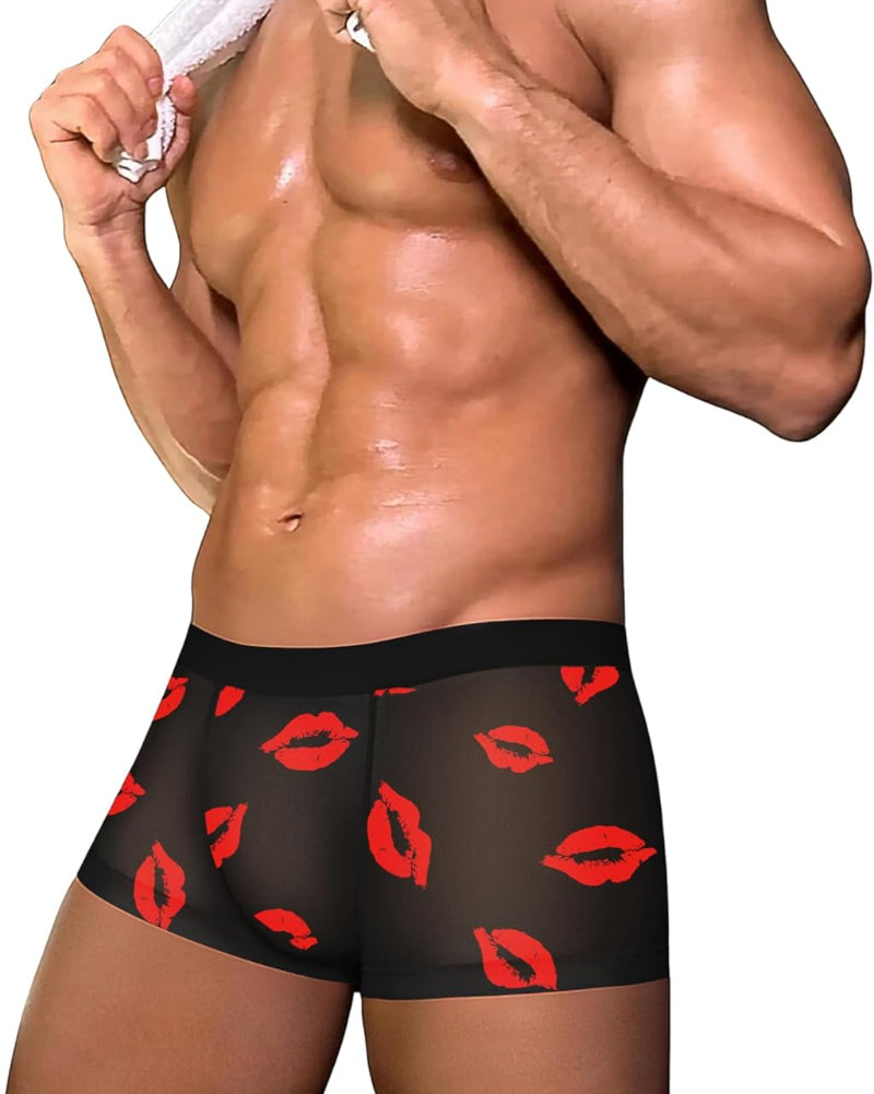 Men's black mesh boxer briefs with red lip print and contoured pouch