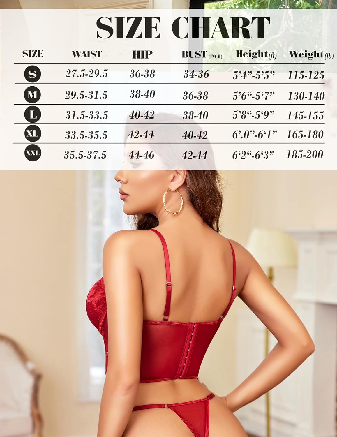 Back view of lace corset tank top and thong set, red, adjustable straps and lace trim