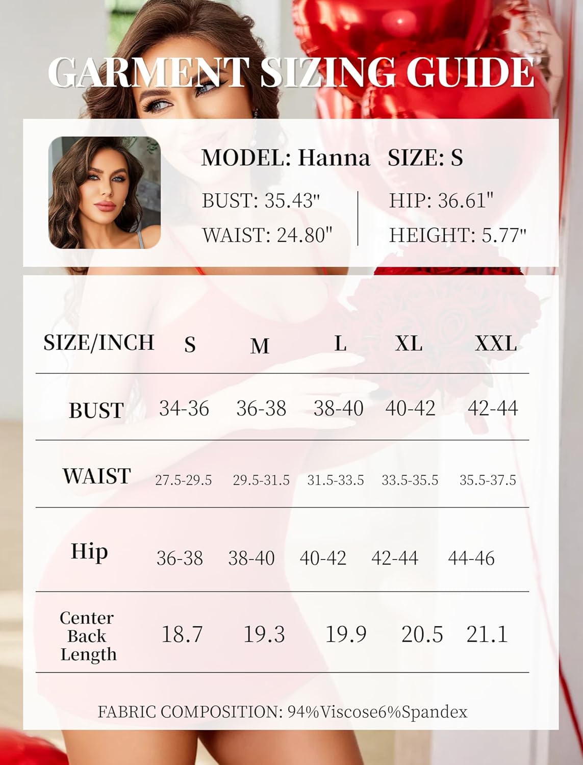 Garment sizing guide chart for chemise sizing