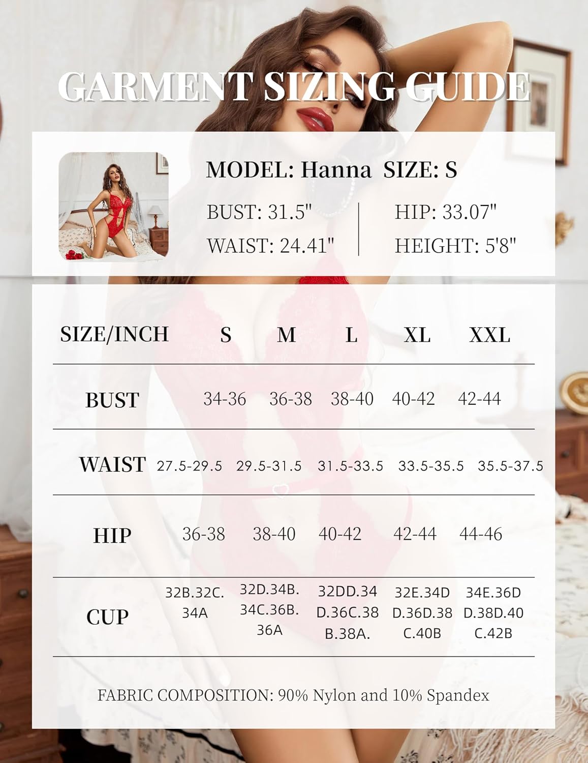 Garment sizing guide chart with model measurements, bust waist hip, and fabric composition