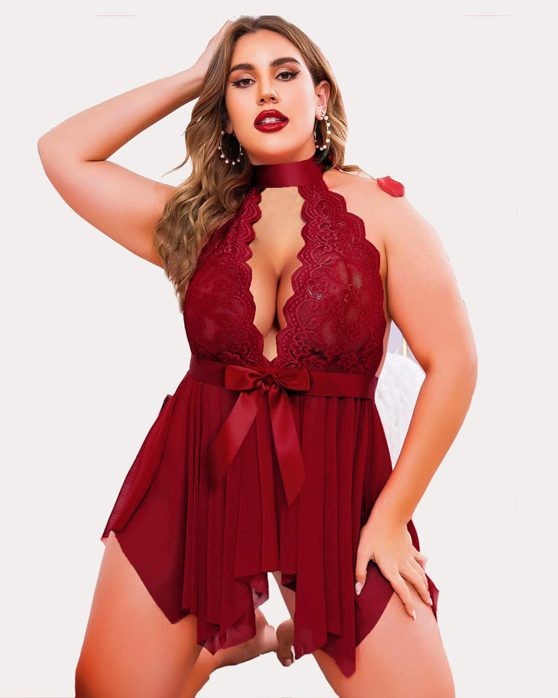 Red lace high-waist teddy babydoll with halter neckline, ribbon bow, and layered sheer skirt