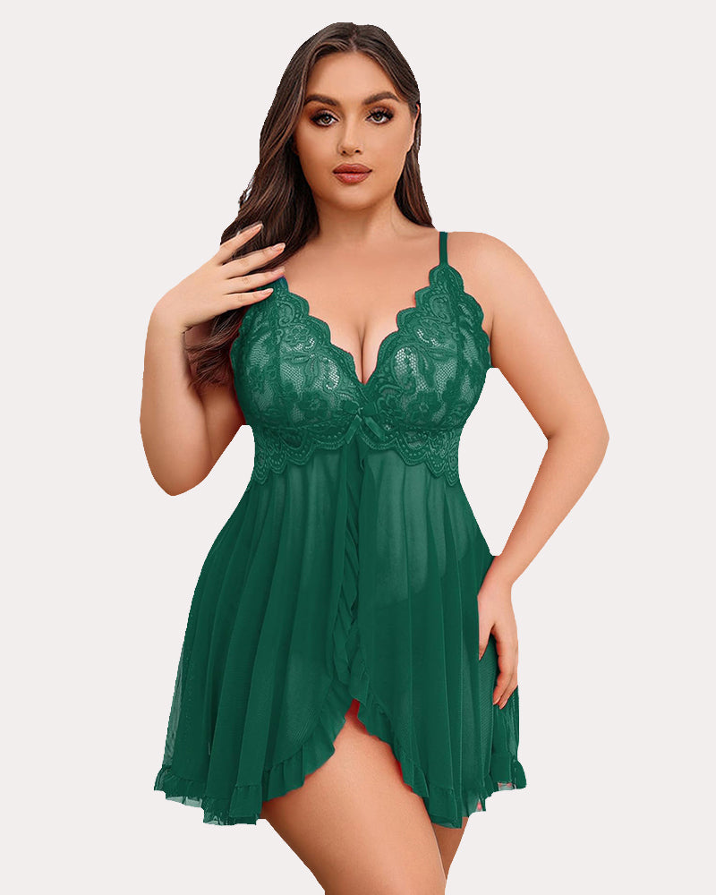 Plus size lace babydoll with open front, green lace bodice and sheer tiered skirt