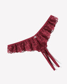 Wine red lace criss-cross thong briefs with scalloped trim and side ties