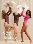 Pink high-neck snap-closure soft bodysuit with long sleeves, seamless fitted look