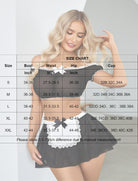Black off-shoulder mesh top with white lace trim and bow; black mini skirt with lace panel