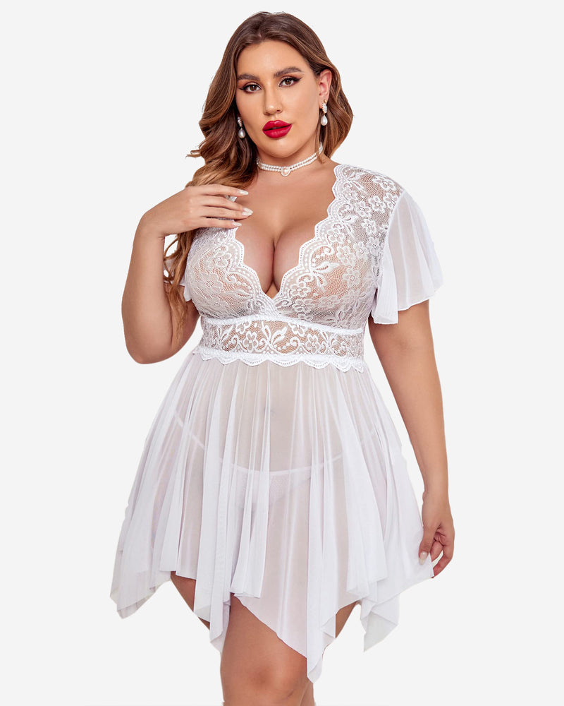 White lace babydoll lingerie with plunging neckline and short flutter sleeves