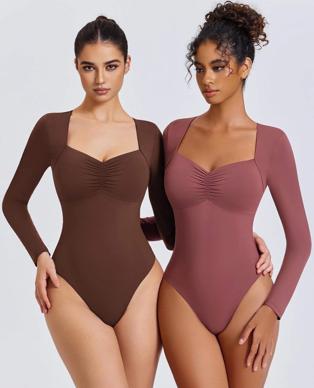 Sweetheart neckline bodysuit top pair: dark brown and mauve rose long-sleeve