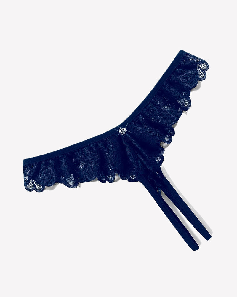 Navy lace criss-cross thong briefs with scalloped ruffle edge and side ties