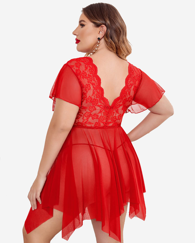 Red babydoll lingerie with lace back panel and sheer flutter sleeves