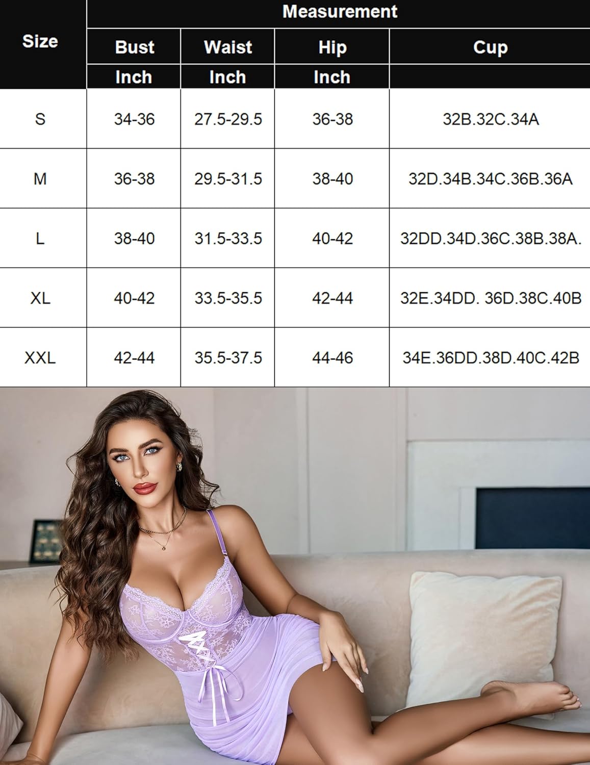 Lilac floral lace chemise sizing chart with bust, waist, hip, and cup ranges